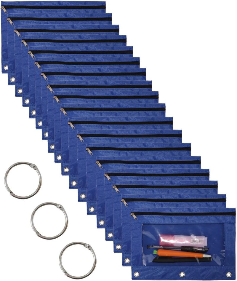 WODISON 18-Packs 3 Ring Pencil Pouch with Clear Window School Classroom Binder Pocket Case Office Stationery Bag Blue - Image 1